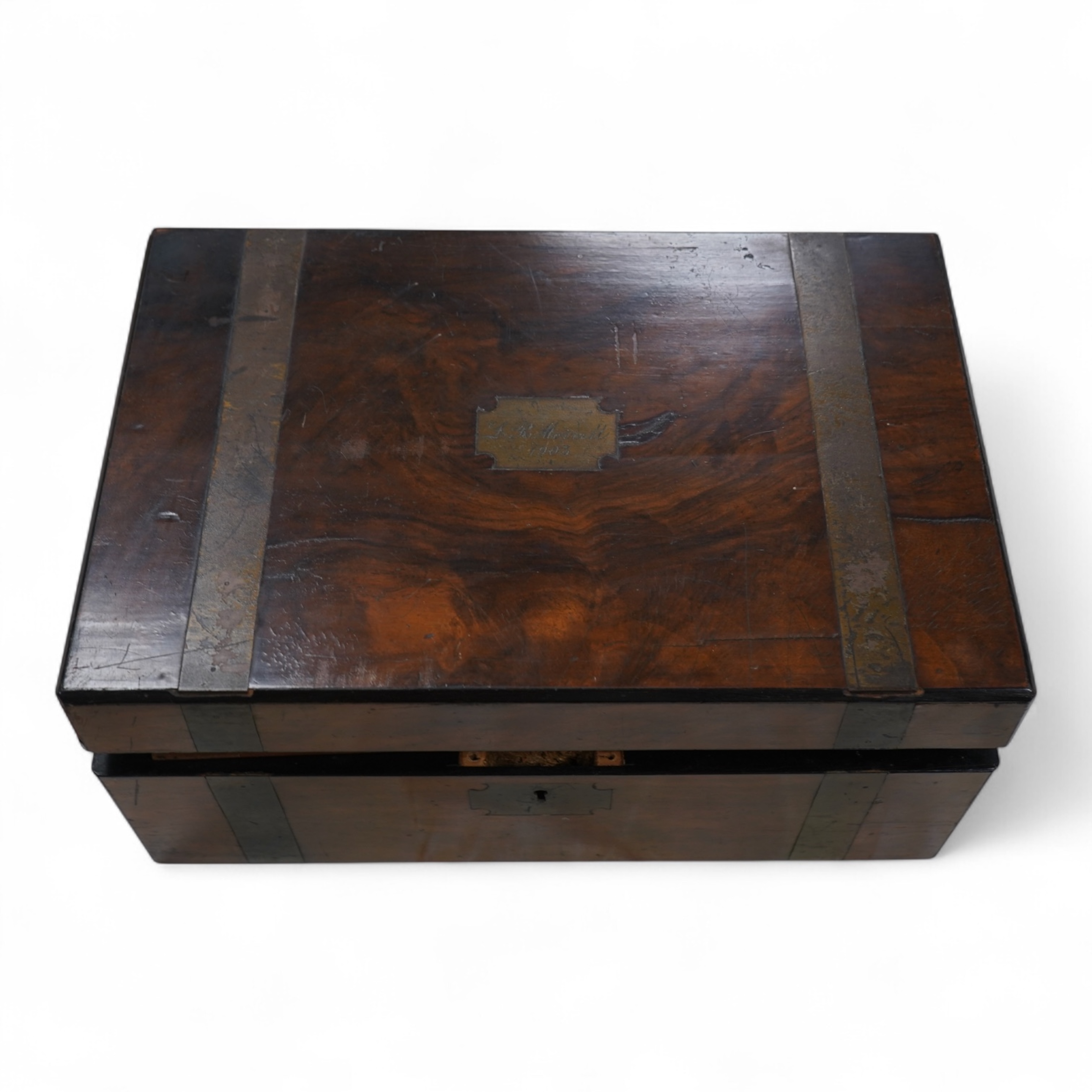 A brass bound walnut writing box with tooled leather slope, 35cm wide